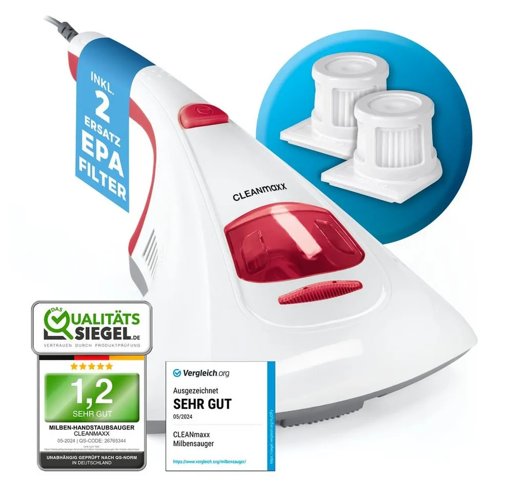 CLEANmaxx Matratzenreinigungsgerät Milbensauger Vibration, 300 W, Effektive Allergenbekämpfung durch UV-C-Licht und Feinstaubfilter