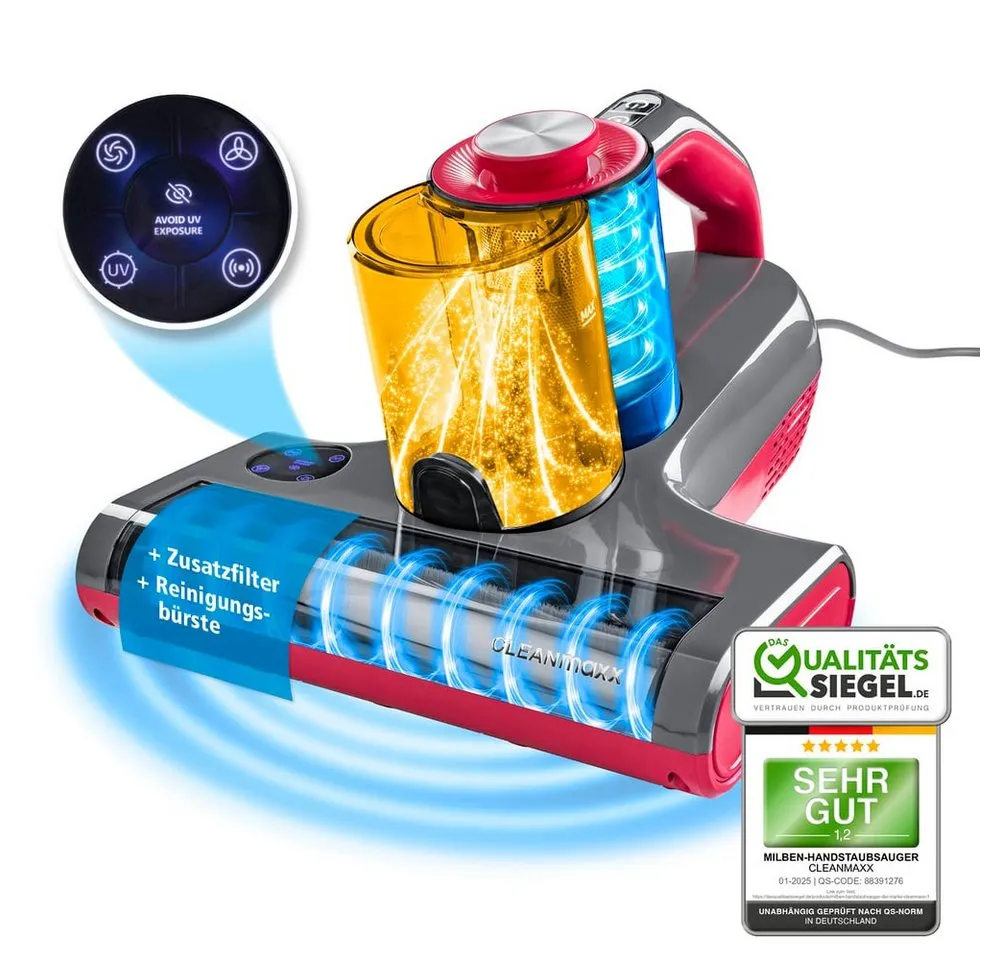 CLEANmaxx Matratzenreinigungsgerät Milbensauger Rotation Power mit UV-C-Licht & HEPA-Filter, 450 W, beutellos, Handstaubsauger für Matratzen, Ultraschall & Wärme