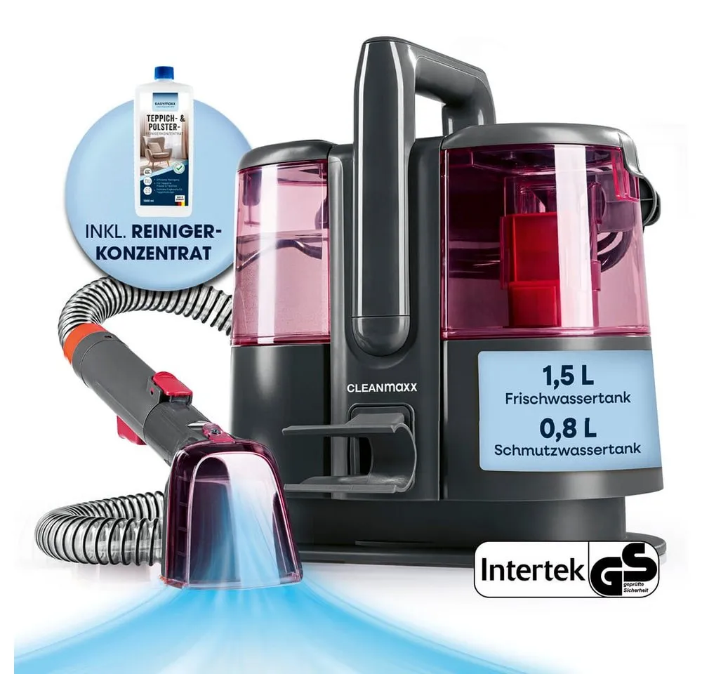 CLEANmaxx Teppichreinigungsgerät Polster- & Teppichreiniger 600W grau/rot, 600 W, mit Frisch- & Brauchwassertank und Shampoo