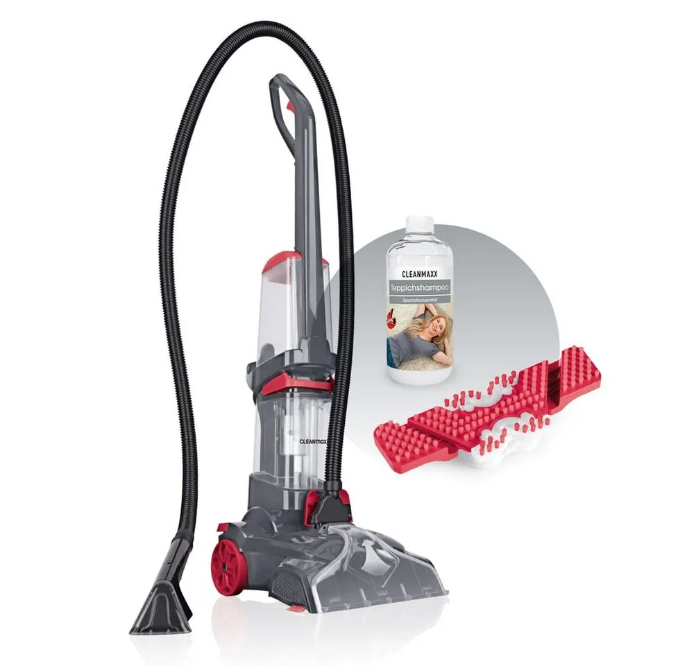 CLEANmaxx Teppichreinigungsgerät Teppichreiniger AquaStream Plus 3 in 1: waschen, reinigen, absaugen, 800 W, 800W grau/rot Professional mit Teppichshampoo & Ersatzbürste
