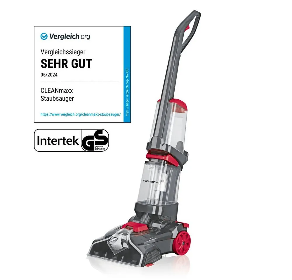 CLEANmaxx Teppichreinigungsgerät Teppichreiniger Professional mit Vibrations- und Seitenbürsten, 800 W, mit Beutel, Intensive Reinigung mit Vibration Teppichreinigung Polster