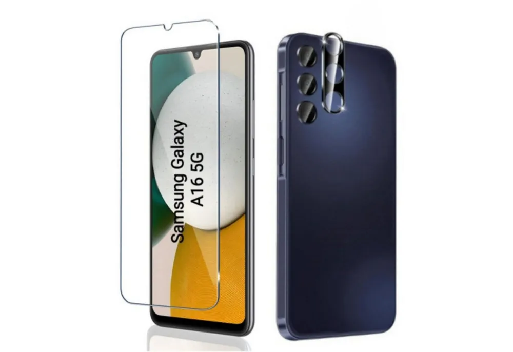 CLM-Tech Displayschutzglas 1X Schutzfolie für Samsung Galaxy A16 5G Panzerfolie 1X Kameraschutz für Samsung Galaxy A16 5G, 2er Set Kameraglas Panzerglas Displayschutz 9H Glas Folie, 2 Stück, Unterstützt Fingerabdruck-ID