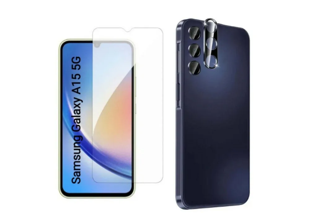 CLM-Tech Displayschutzglas 1X Schutzfolie für Samsung Galaxy A15 5G Panzerfolie 1X Kameraschutz für Samsung Galaxy A15 5G, 2er Set Kameraglas Panzerglas Displayschutz 9H Glas, 2 Stück, Unterstützt Fingerabdruck-ID
