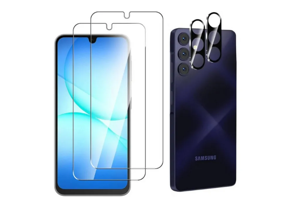 CLM-Tech Displayschutzglas 2X für Samsung Galaxy A17 5G, Panzerfolie 2X Kameraschutz 4er Set Kameraglas Panzerglas 9H Glas Folie, 4 Stück, Anti-Fingerabdruck und blasenfreie Anbringung