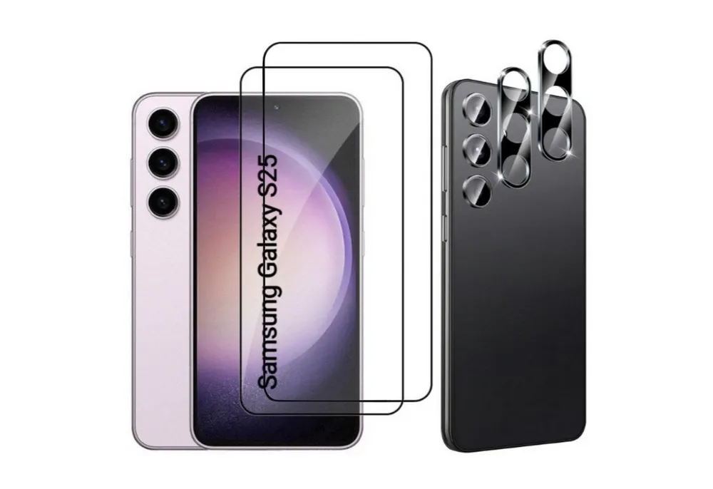 CLM-Tech Displayschutzglas 2X Schutzfolie für Samsung Galaxy S25 Panzerfolie 2X Kameraschutz für Samsung Galaxy S25 6,17 Zoll, 4er Set Kameraglas Panzerglas Displayschutz 9H Glas Folie, 4 Stück, Unterstützt Fingerabdruck-ID