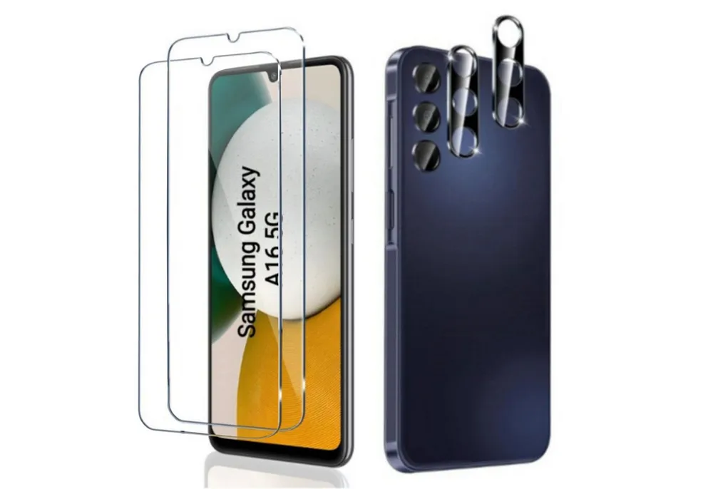 CLM-Tech Displayschutzglas 2X Schutzfolie für Samsung Galaxy A16 5G Panzerfolie 2X Kameraschutz für Samsung Galaxy A16 5G, 4er Set Kameraglas Panzerglas Displayschutz 9H Glas Folie, 4 Stück, Unterstützt Fingerabdruck-ID
