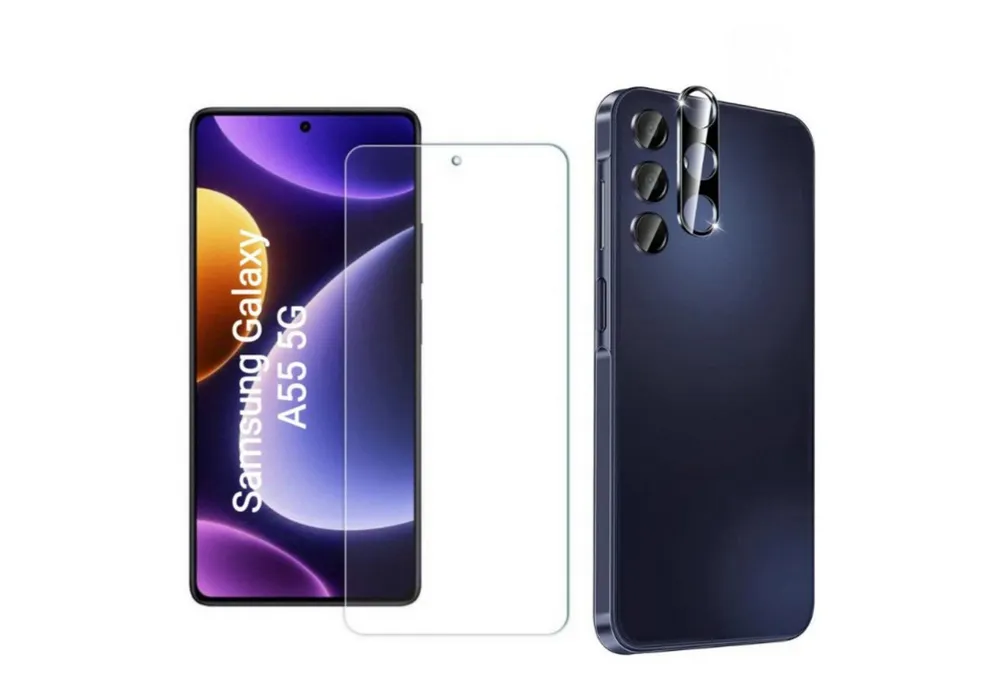 CLM-Tech Displayschutzglas 2X Schutzfolie für Samsung Galaxy A55 5G Panzerfolie Kameraschutz für Samsung Galaxy A55 5G, 2er Set Kameraglas Panzerglas Displayschutz 9H Glas, 2 Stück, Unterstützt Fingerabdruck-ID