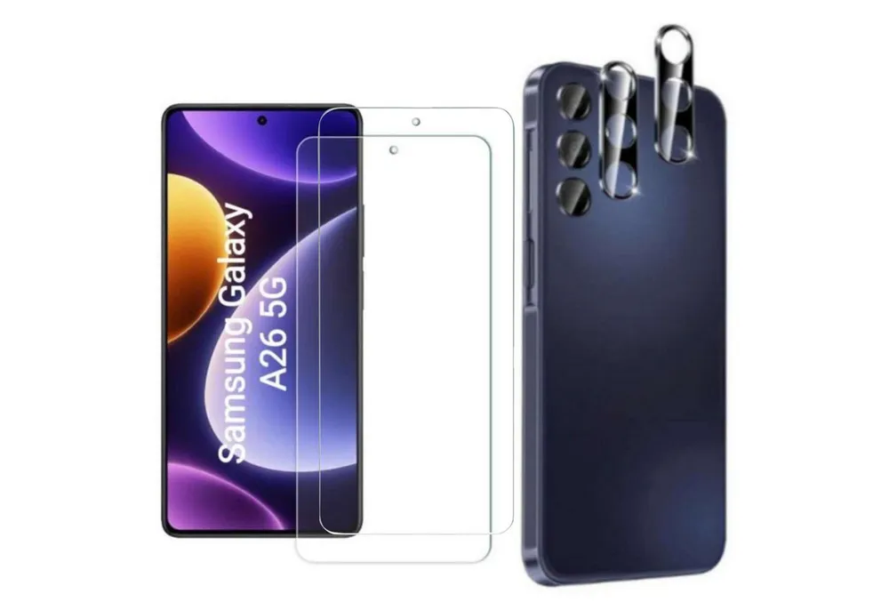 CLM-Tech Displayschutzglas für Samsung Galaxy A26 5G Panzerfolie 2X Kameraschutz für Samsung Galaxy A26 5G, 4er Set Kameraglas Panzerglas Displayschutz 9H Glas Folie, 4 Stück, Anti-Fingerabdruck und blasenfrei Anbringung