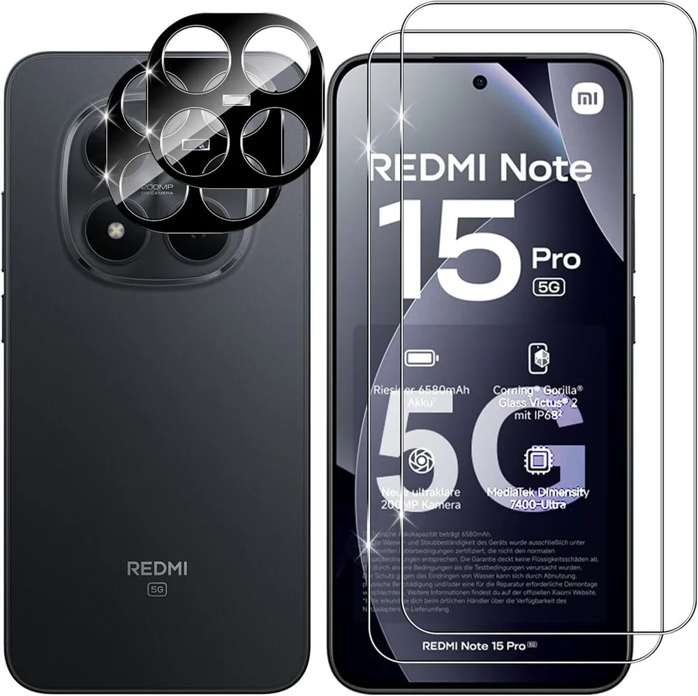 CLM-Tech Displayschutzglas für Xiaomi Redmi Note 15 Pro 5G 6,83 Zoll, Spar-Set, 4 Stück, Panzerglas für Bildschirm und Kamera 2+2