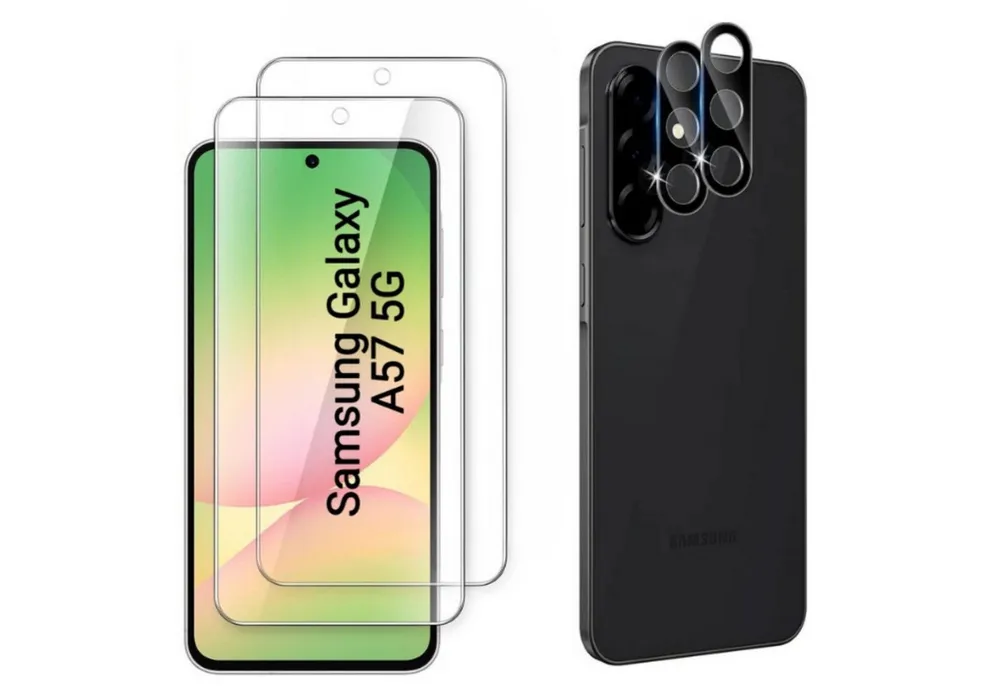 CLM-Tech Displayschutzglas und Kameraschutz für Samsung Galaxy A57 5G, - Spar-Set (2x Display Panzerglas + 2x Kameraglas), 4 Stück, Anti-Fingerabdruck und blasenfreie Anbringung