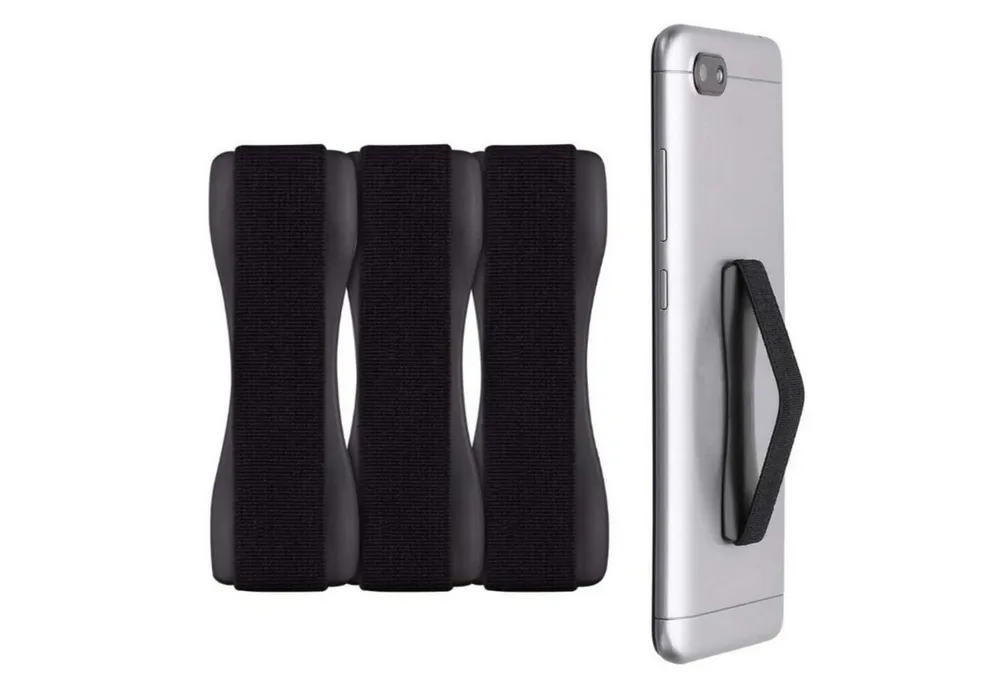 CLM-Tech Handy-Halterung Fingerhalterung Handy 3er Set - Einhandbedienung mit Band, (bis 8,00 Zoll, Smartphone Tablet Handyhalterung selbstklebend schwarz, Handygriff Rückseite - Fingerhalter Handyhalter - Smartphone Halter, für eine bessere Reichweite, sicherer Griff)