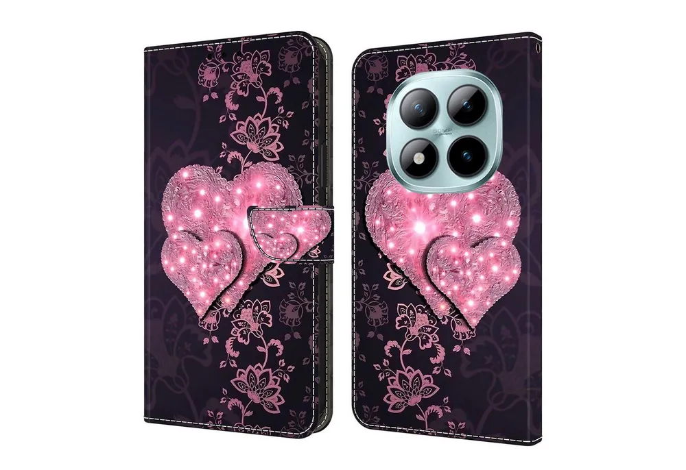 CLM-Tech Handytasche für Xiaomi Redmi Note 15 Pro 5G 6,83 Zoll Klapphülle aus PU Leder (rosa Herzen, 1-tlg., Flip Case), Magnetverschluss, Standfunktion und Kartenfächer