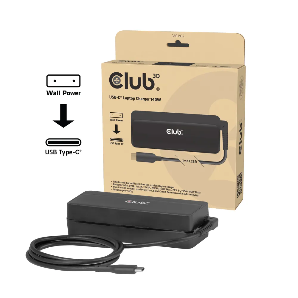 Ladegerät Club 3D USB-C 140W Universal Schnellladung Kabel 1 m schwarz
