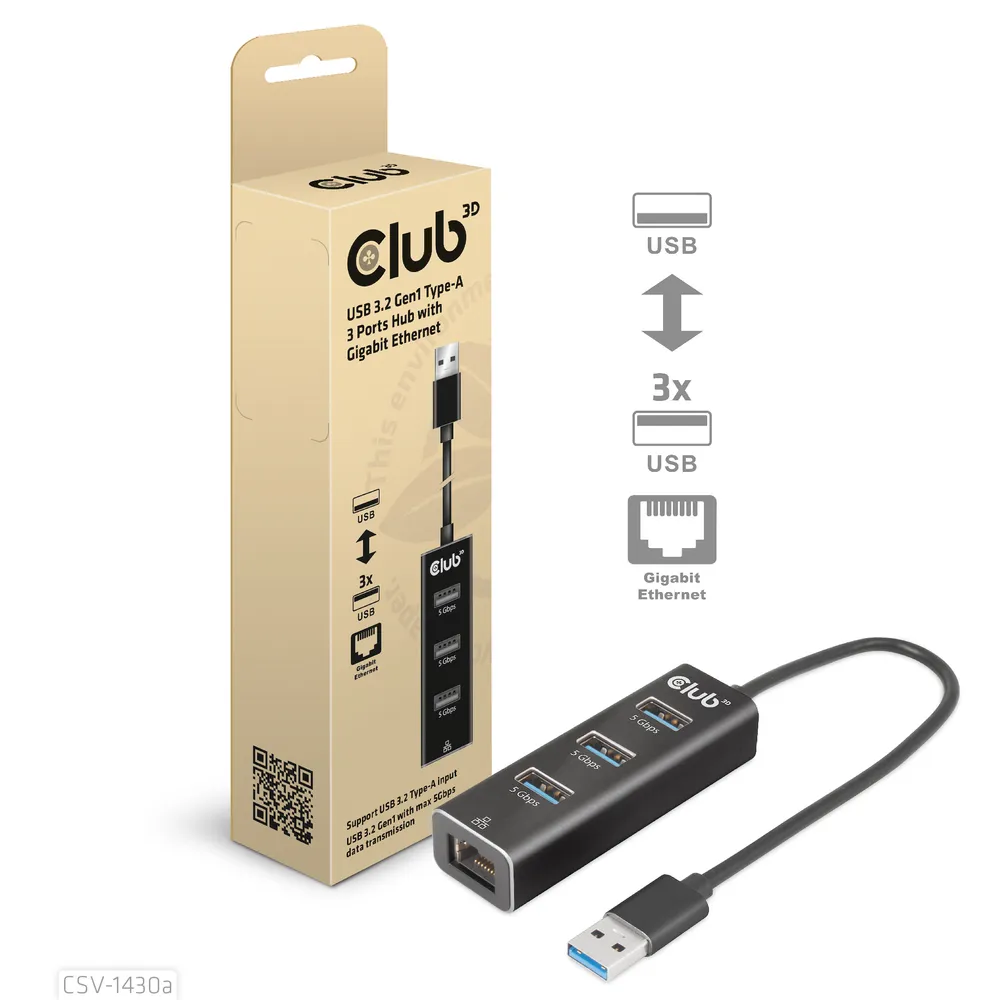 Hub Club 3D 3 Ports 5 Gbps Gigabit Ethernet CSV-1430a kompakt schwarz