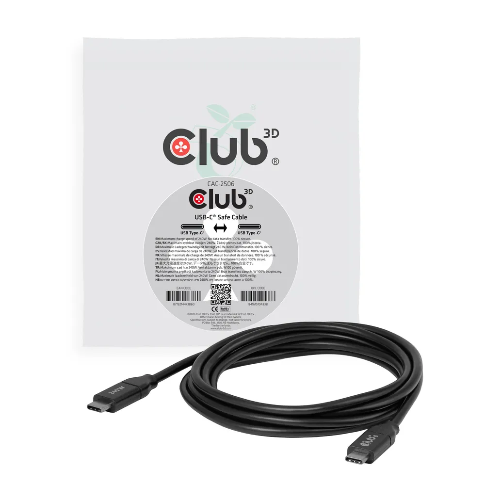 USB-C Kabel CLUB3D 240W Ohne Daten 2m Schwarz