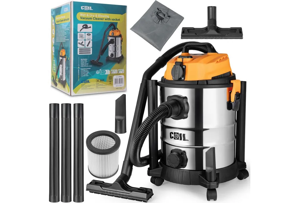 COIL Industriesauger Profi Nass- & Trockensauger, mit Steckdose & Blasfunktion, 1300 W, beutellos, 25-Liter-Edelstahlbehälter, 220-240 V, 18 kPa, HEPA-Filter