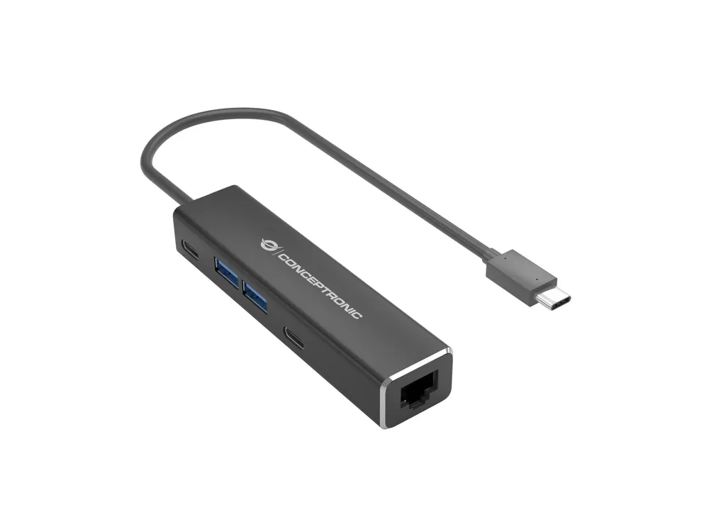 Conceptronic USB-C auf 2,5GbE Netzwerkadapter mit 2x USB-A Ports + 2x USB-C Ports USB Hub Grau