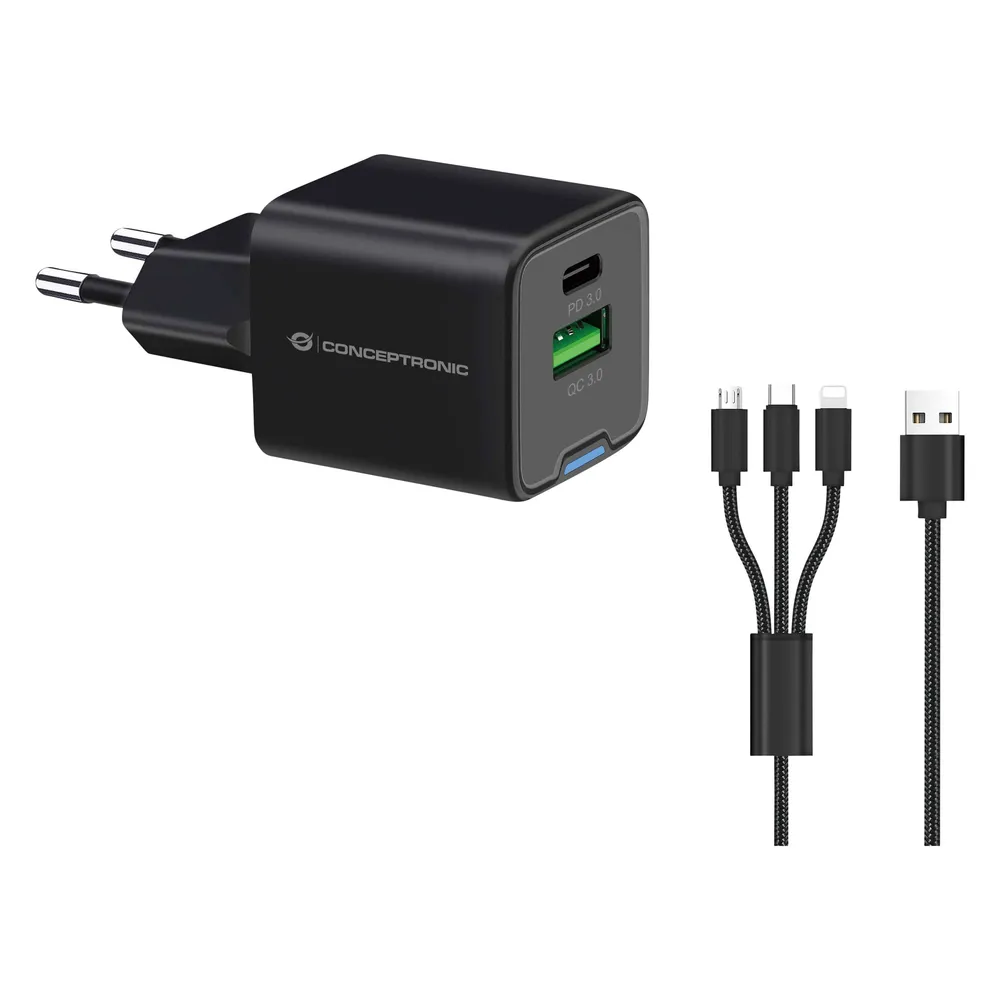Conceptronic Ladegerät 2Port 33W,1xUSB-C,3-in-1 USB-A PD sw