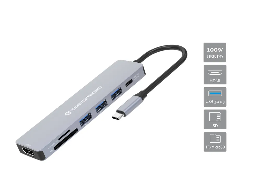 USB-Hub Conceptronic DONN19G USB 3.2 Gen 1 Type-C 100 W Grau MicroSD USB-Hub Conceptronic DONN19G USB 3.2 Gen 1 Type-C 100 W Grau MicroSD