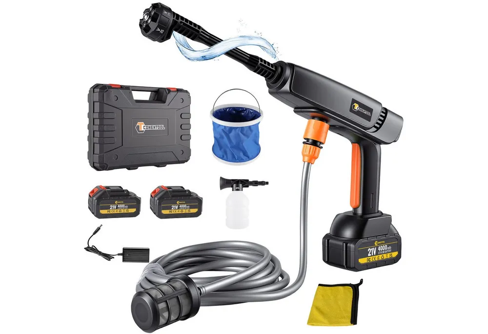 CONENTOOL Akku-Hochdruckreiniger 6-in-1 Bürstenloser Motor 350W mit 2x4000mAh Akkus, Druck max: 70 bar, Fördermenge max: 360 l/h, mit Schaumkanne 8000mAh Akku für Auto, Garten & Haushalt