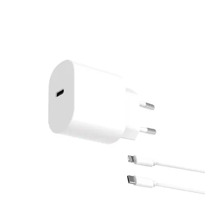 Contact 20W Netzwerk-Ladegerät, Power Delivery, Schnellladefunktion, USB-C + USB-C auf Lightning-Kabel 1 m, Weiß