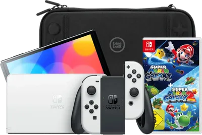 Nintendo Switch OLED Weiß + Super Mario Galaxy 1+2 + BlueBuilt Schutzhülle