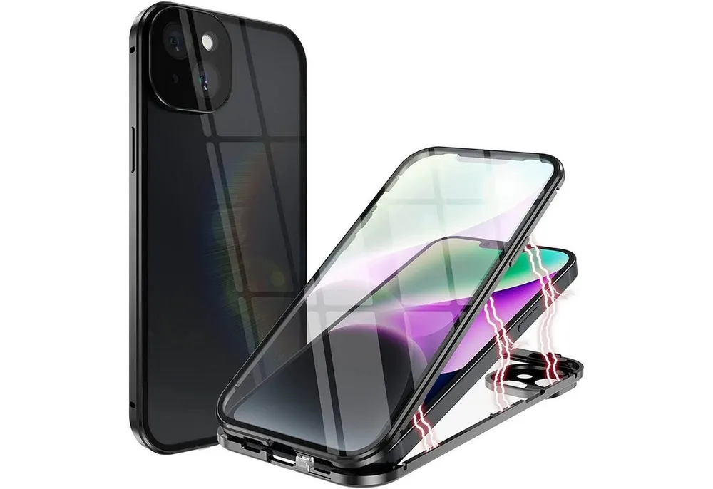 CoolGadget Handyhülle Metall Magnet Handy Case für Apple iPhone 15 6,1 Zoll, Hülle 360 Grad Schutz Cover Gehärtetes Glas für iPhone 15