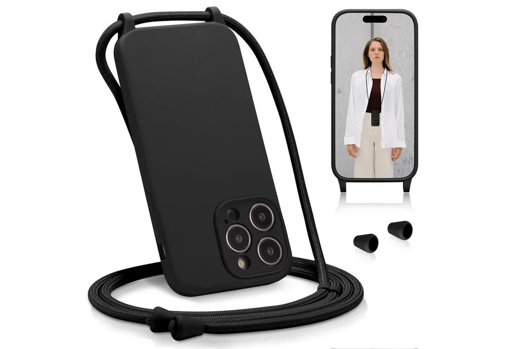 CoolGadget Handyhülle Premium Handyhülle mit verstellbarer Handykette für iPhone 15 Pro Max, Hülle zum Umhängen Kette inkl. 2x Displayschutzfolie aus Glas