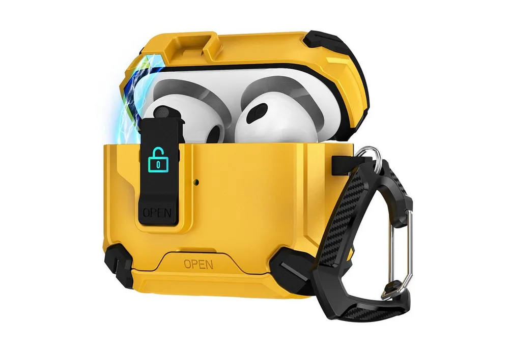 CoolGadget Kopfhörer-Schutzhülle Defender Hülle für Apple AirPods 4 magnetisch mit Karabiner, 360° Full-Body Case Schutzhülle Handy Standfunktion magnetisch ladbar
