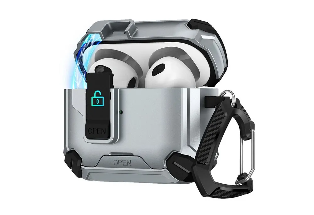 CoolGadget Kopfhörer-Schutzhülle Defender Hülle für Apple AirPods 4 magnetisch mit Karabiner, 360° Full-Body Case Schutzhülle Handy Standfunktion magnetisch ladbar