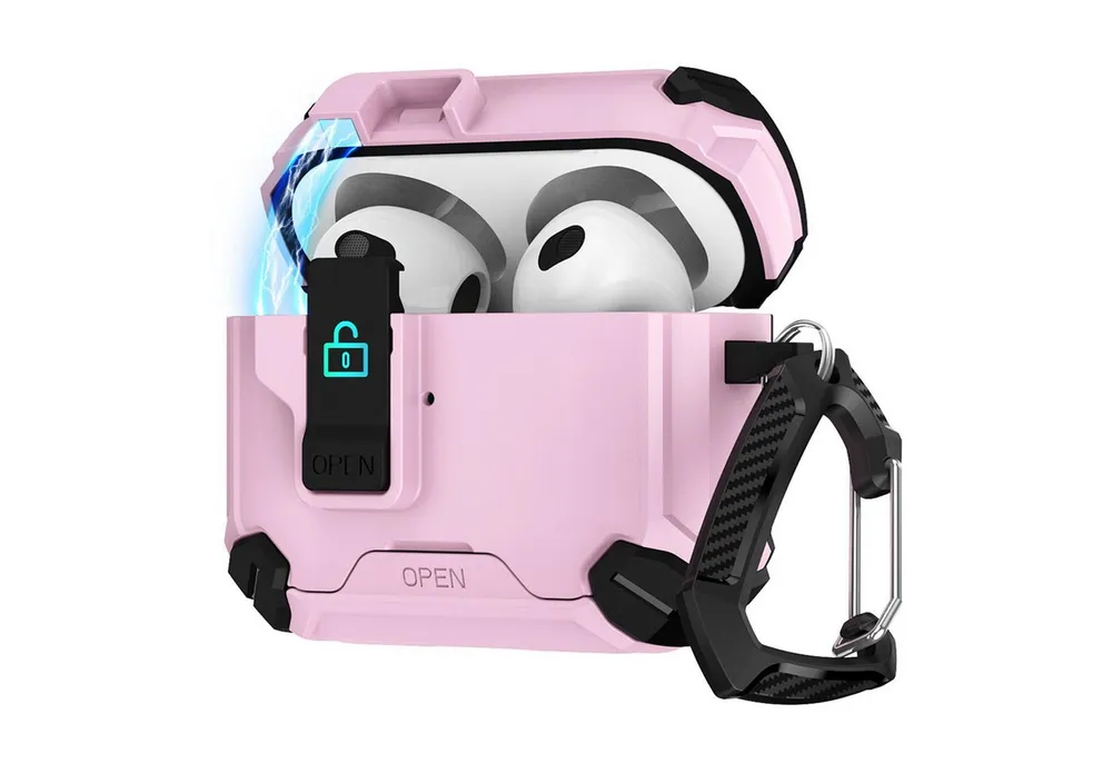 CoolGadget Kopfhörer-Schutzhülle Defender Hülle für Apple AirPods 4 magnetisch mit Karabiner, 360° Full-Body Case Schutzhülle Handy Standfunktion magnetisch ladbar
