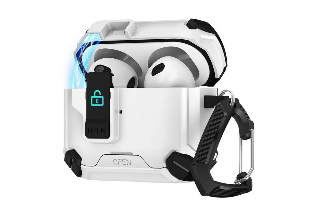 CoolGadget Kopfhörer-Schutzhülle Defender Hülle für Apple AirPods 4 magnetisch mit Karabiner, 360° Full-Body Case Schutzhülle Handy Standfunktion magnetisch ladbar