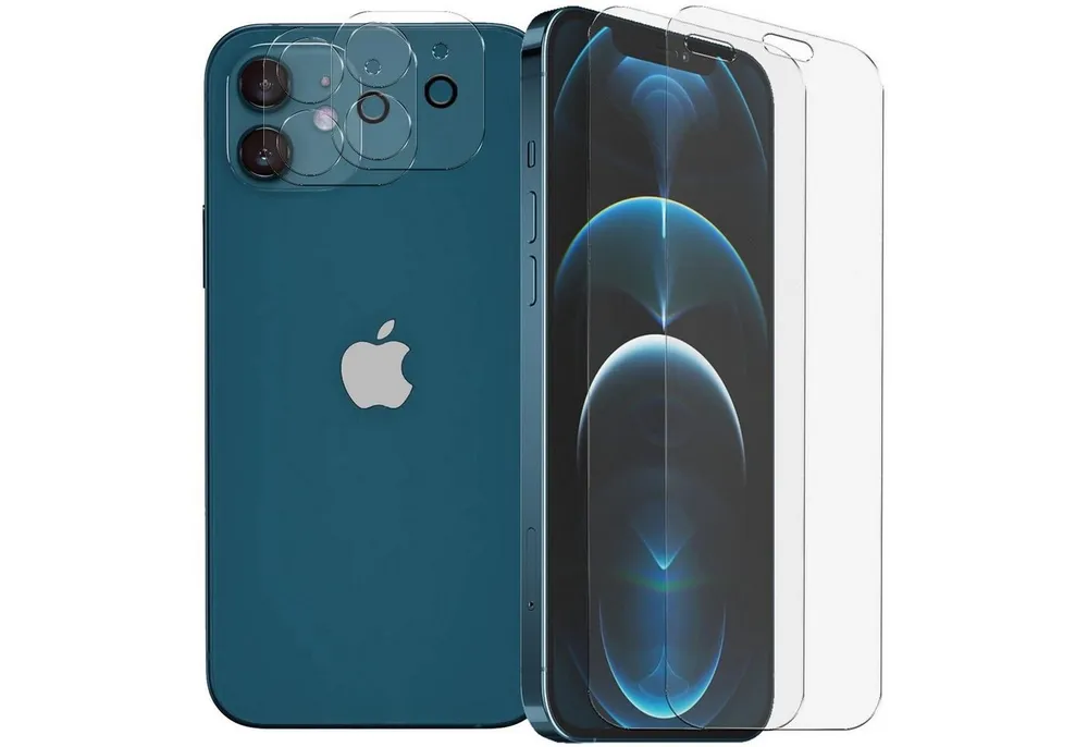 CoolGadget Schutzfolie Panzerfolie für iPhone 12, (Spar-Set 4in1, 2x Displayschutz, 2x Kameraschutz), Panzerglas Schutzfolie für Apple iPhone 12 Folie