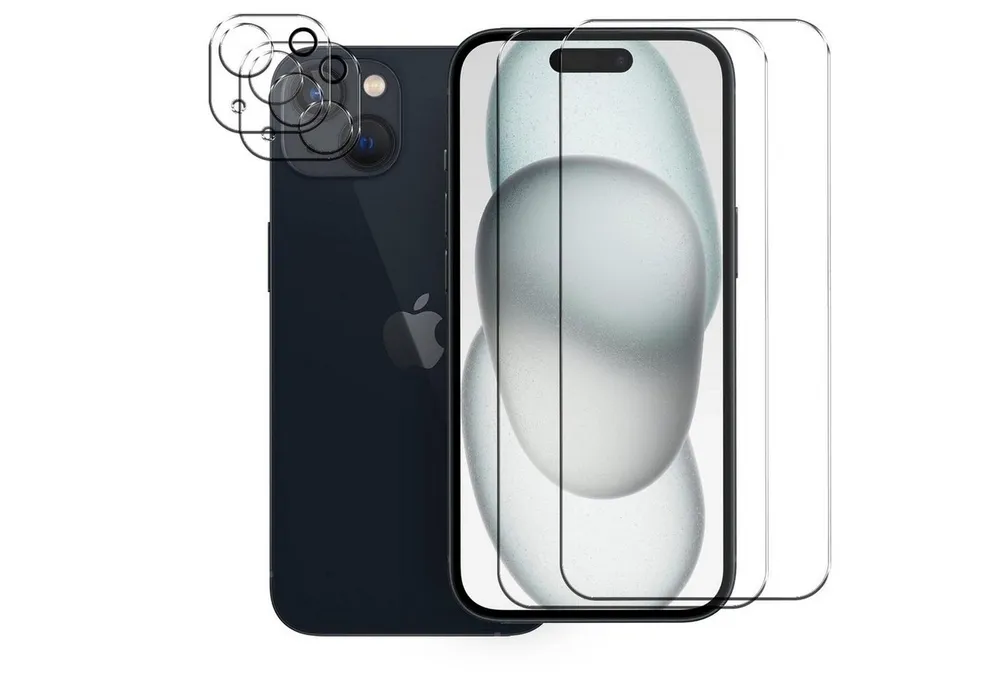 CoolGadget Schutzfolie Panzerfolie für iPhone 15, (Spar-Set 4in1, 2x Displayschutz, 2x Kameraschutz), Panzerglas Schutzfolie für Apple iPhone 15 Folie