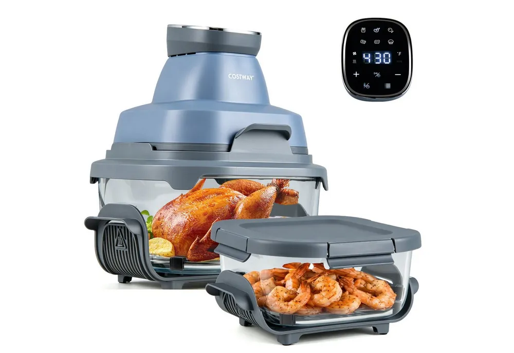 COSTWAY Heißluftfritteuse, 1500 W, Airfryer mit 4 L/1,7 L Glasbehälter, Deckel