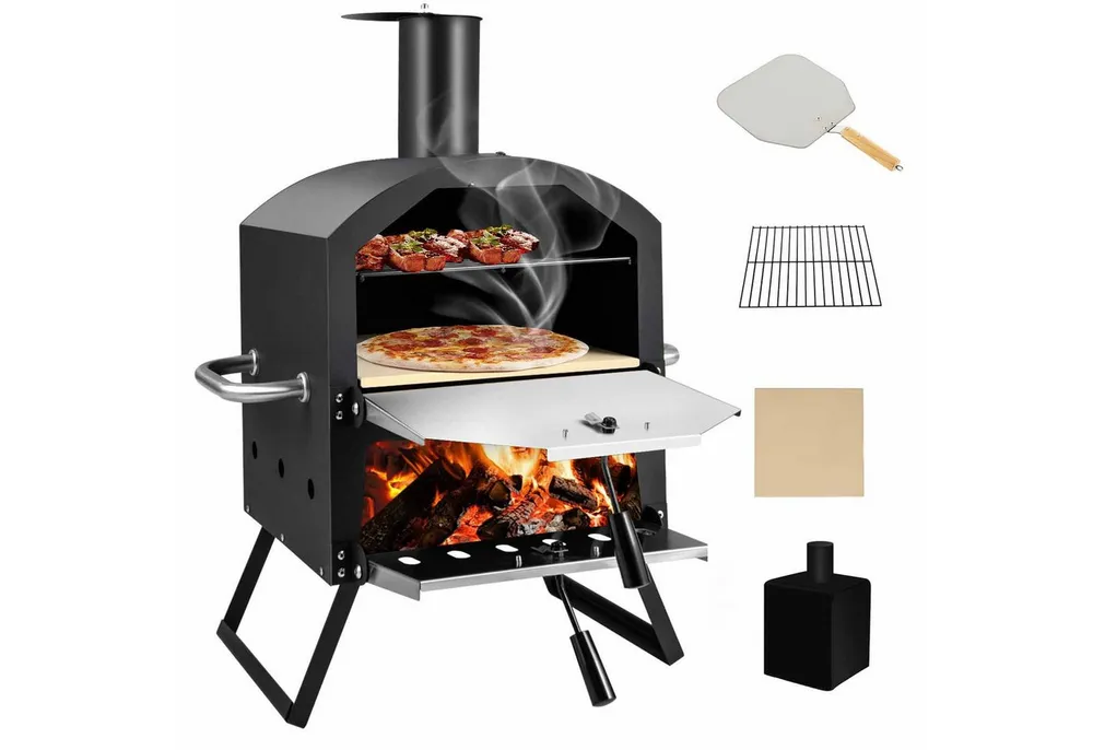 COSTWAY Pizzaofen 2-Schicht Holzofen, Outdoor, mit Pizzastein & Pizzaschaufel