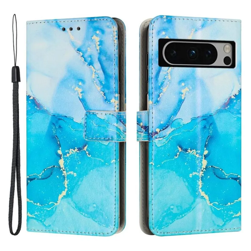 Cover-Discount Google Pixel 8 Pro - Leder Etui Hülle Marble blau