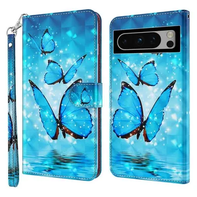 Cover-Discount Google Pixel 8 - Etui Glitzer Effekt Schmetterling blau-Copy