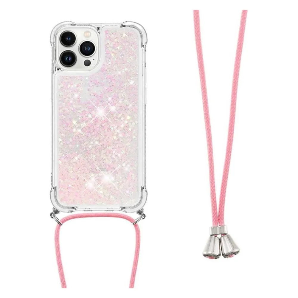 Cover-Discount iPhone 15 Pro Max - Glitzer Hülle mit Umhängeband rosa