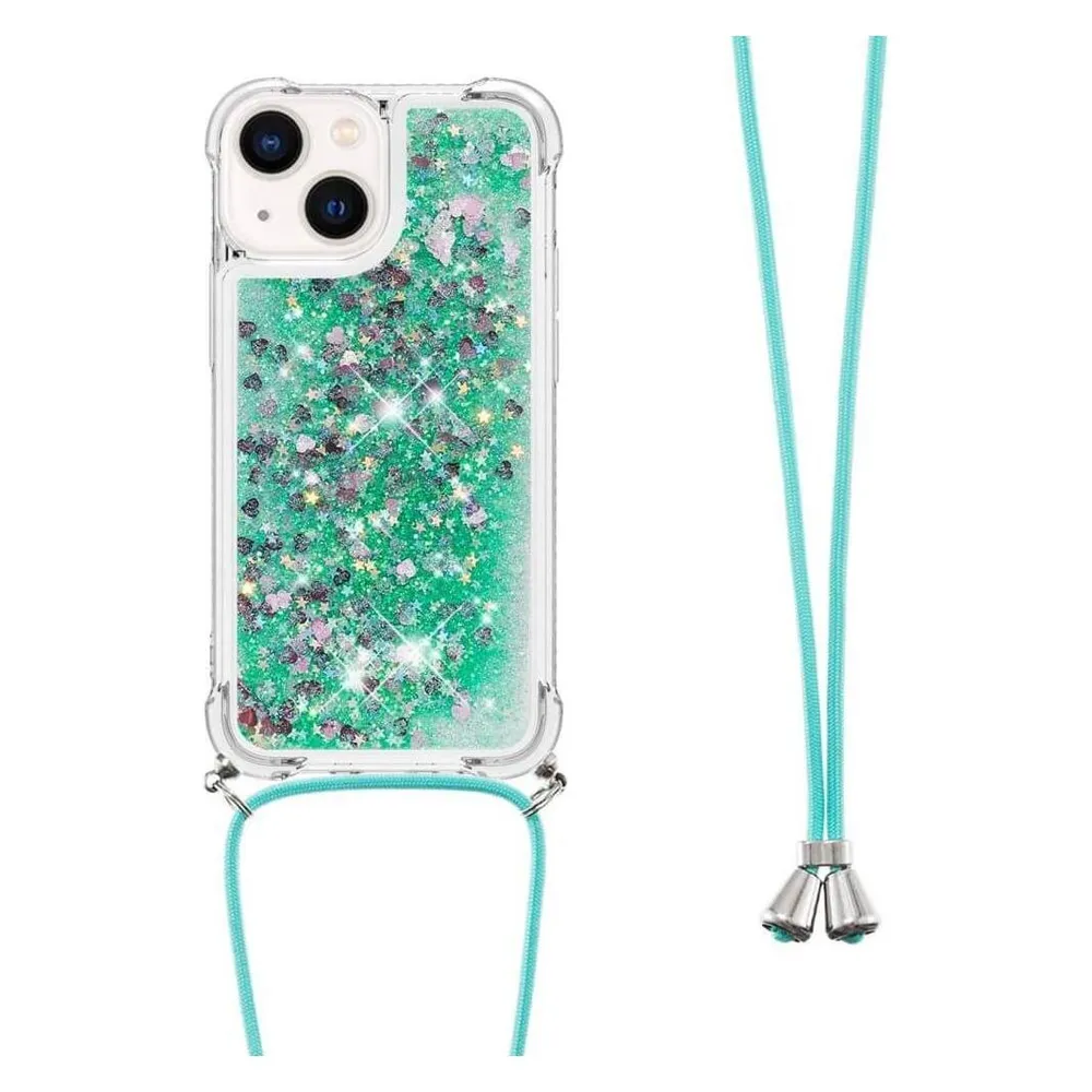 Cover-Discount iPhone 15 Plus - Glitzer Hülle mit Umhängeband türkis