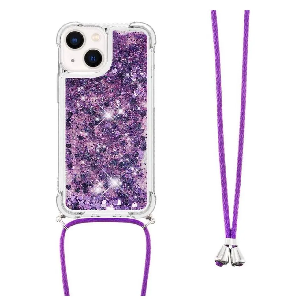 Cover-Discount iPhone 15 Plus - Glitzer Hülle mit Umhängeband violett