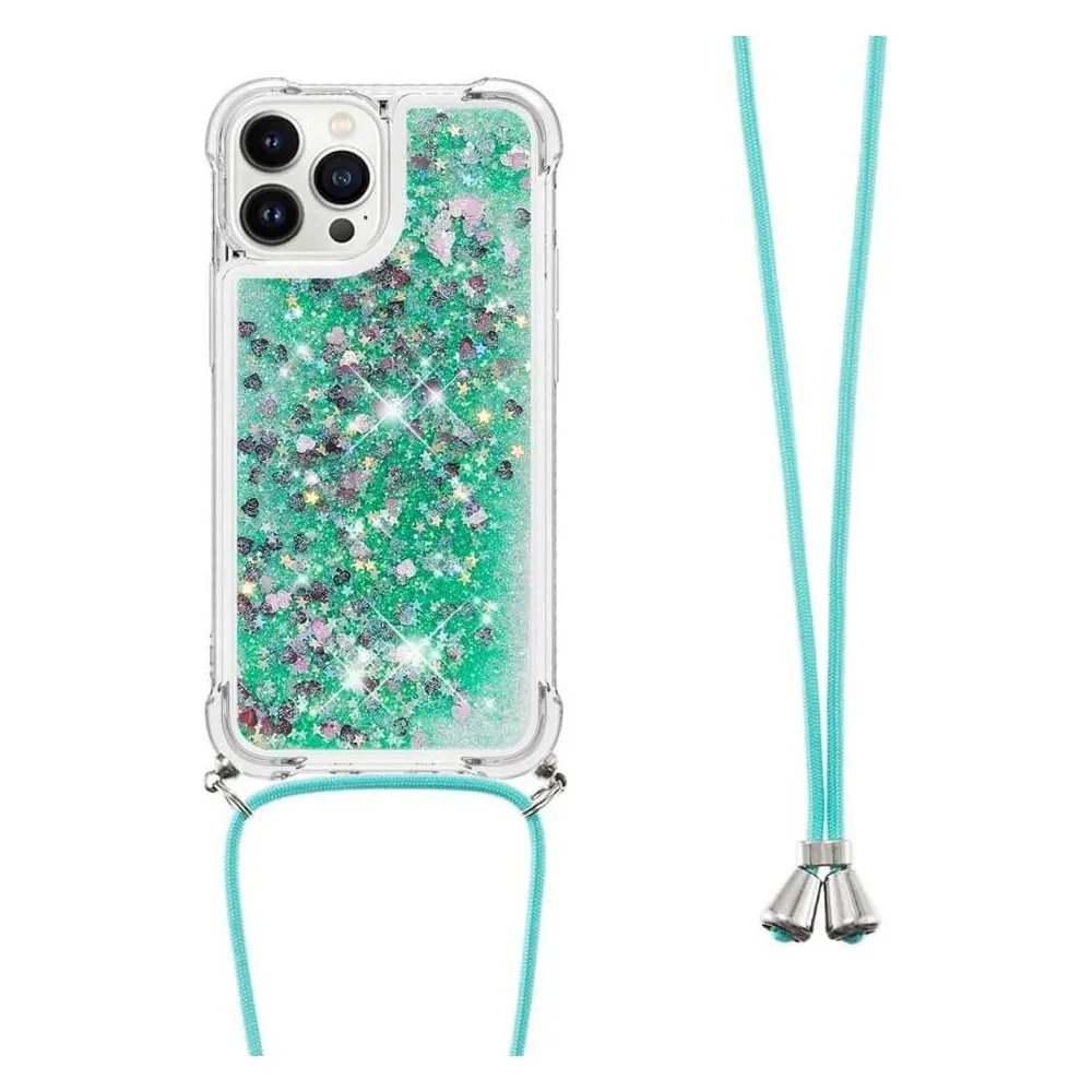Cover-Discount iPhone 15 Pro - Glitzer Hülle mit Umhängeband türkis