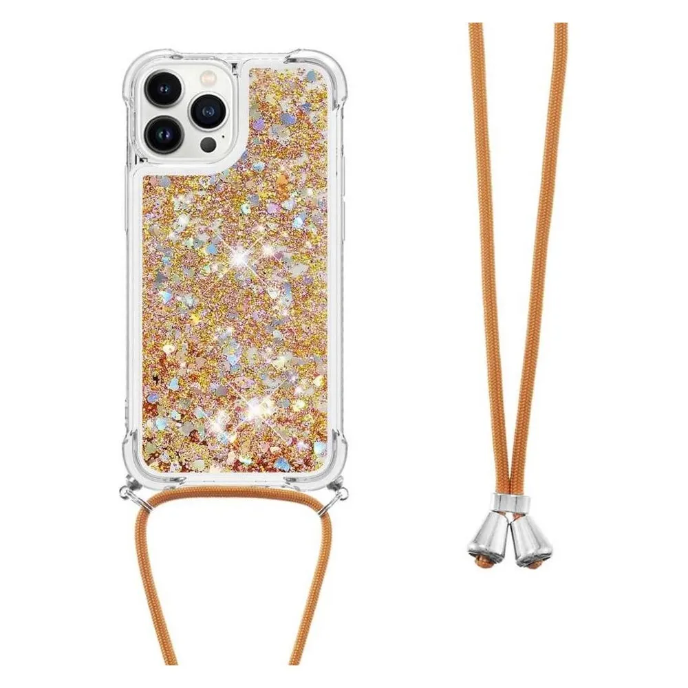 Cover-Discount iPhone 15 Pro - Glitzer Hülle mit Umhängeband gold