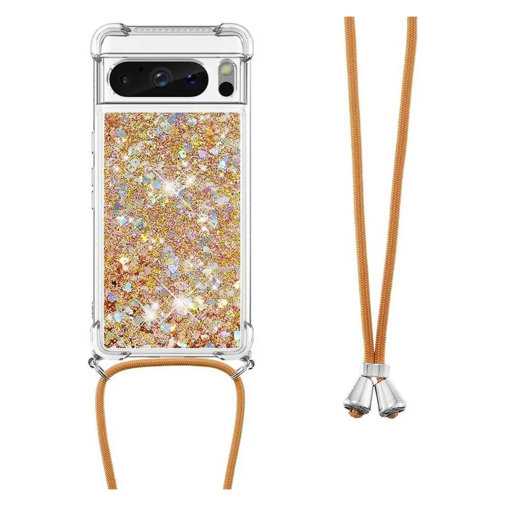 Cover-Discount Google Pixel 8 Pro - Glitzer Hülle mit Umhängeband gold