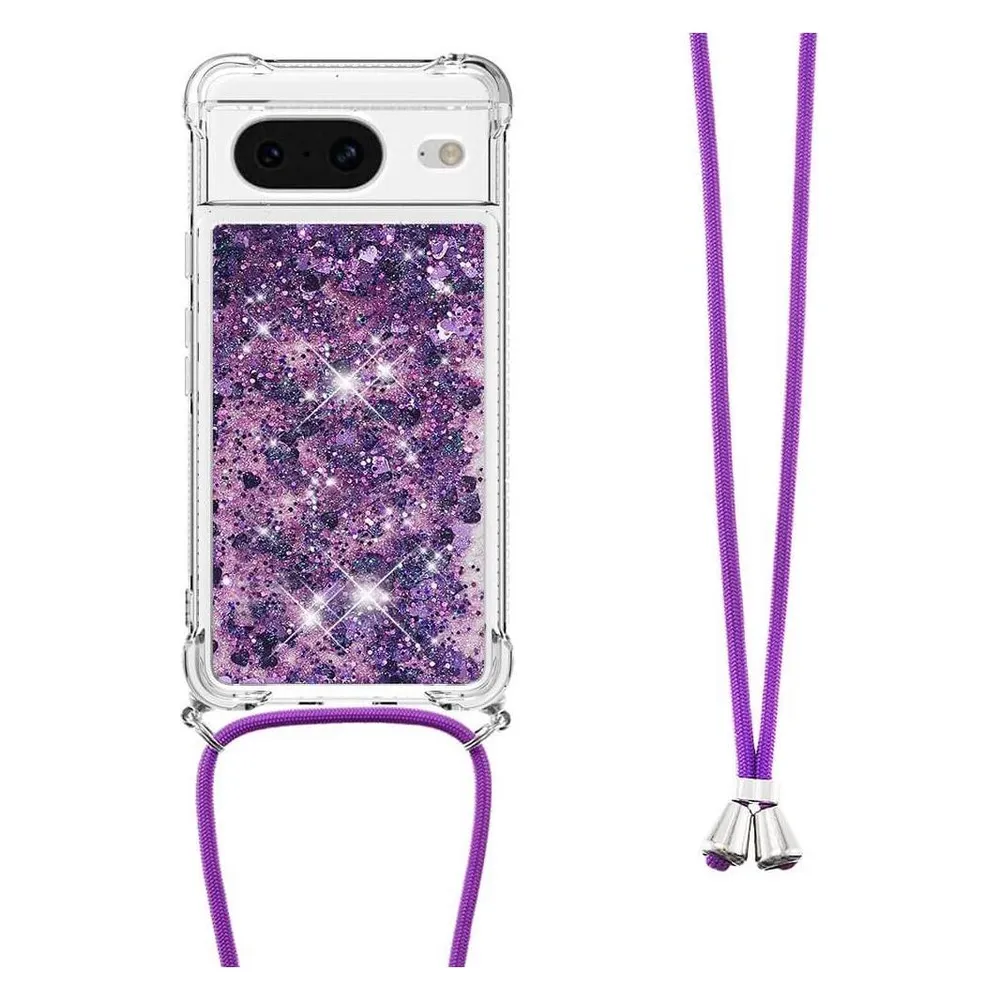 Cover-Discount Google Pixel 8 - Glitzer Hülle mit Umhängeband violett