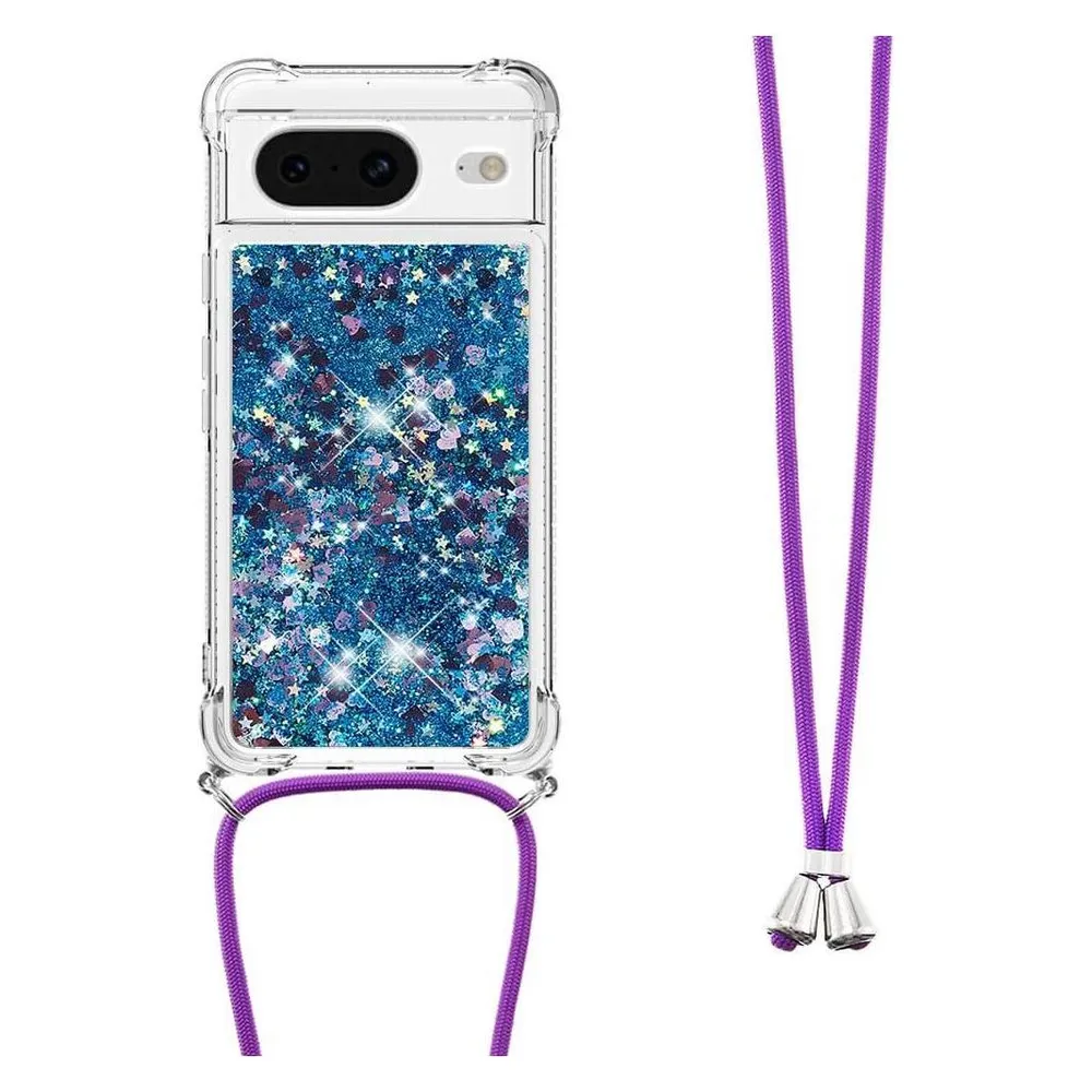 Cover-Discount Google Pixel 8 - Glitzer Hülle mit Umhängeband blau