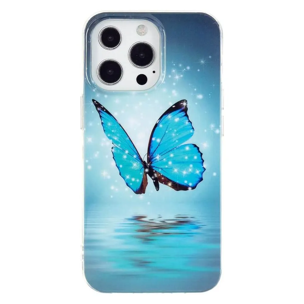 Cover-Discount iPhone 15 Pro - Nachtleuchtende Silikon Hülle Blue Butterfly