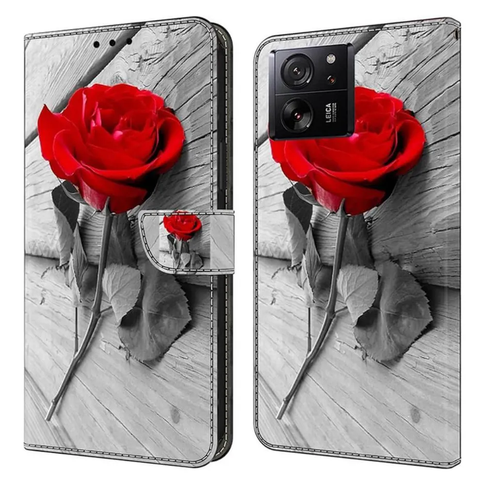 Cover-Discount Xiaomi 13T / 13T Pro - Leder Etui Hülle rote Rose