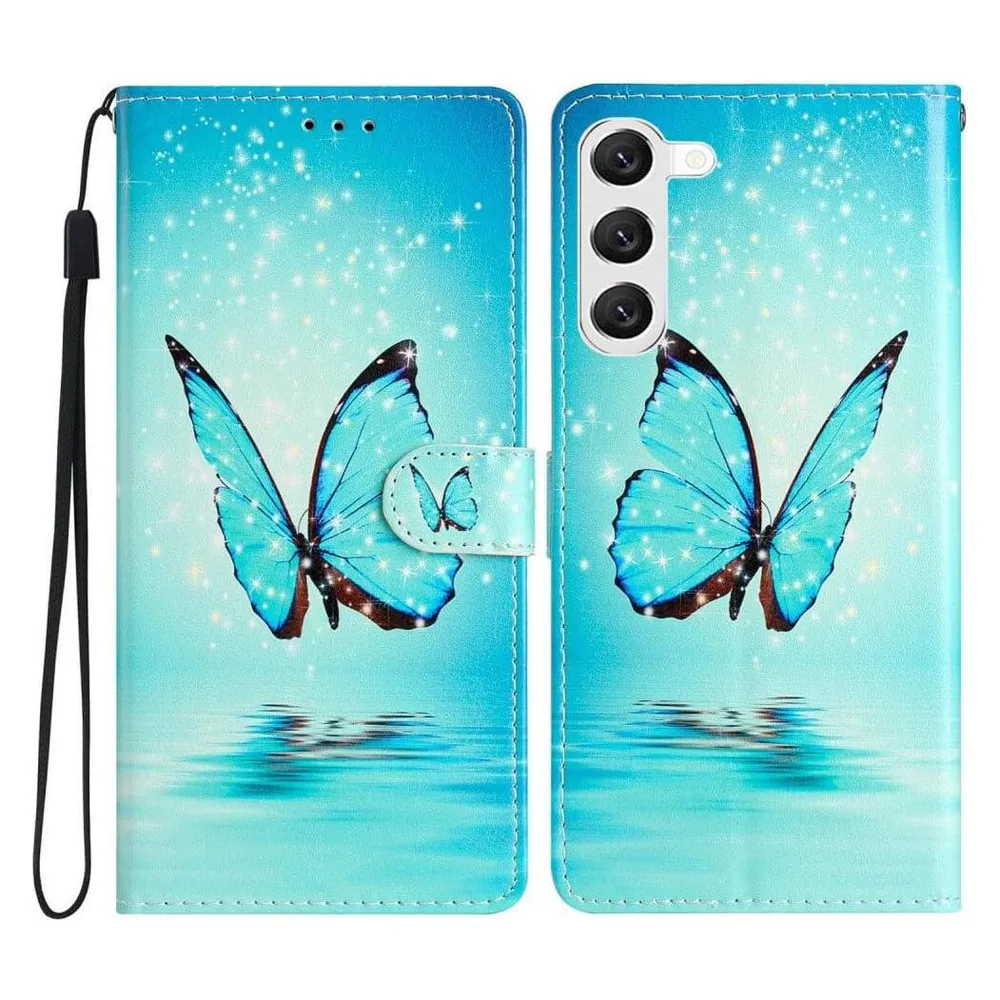 Cover-Discount Leder Etui Hülle Schmetterling blau (Samsung Galaxy S24)