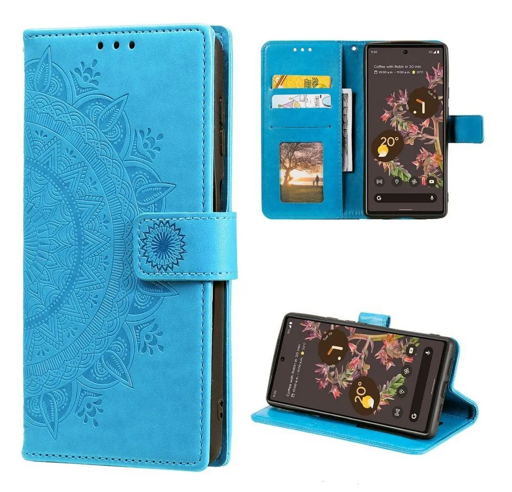 CoverKingz Handyhülle Hülle für Google Pixel 6 Handyhülle Tasche Flip Case Cover Etui 16,5 cm (6,5 Zoll), Klapphülle Schutzhülle mit Kartenfach Schutztasche Motiv Mandala